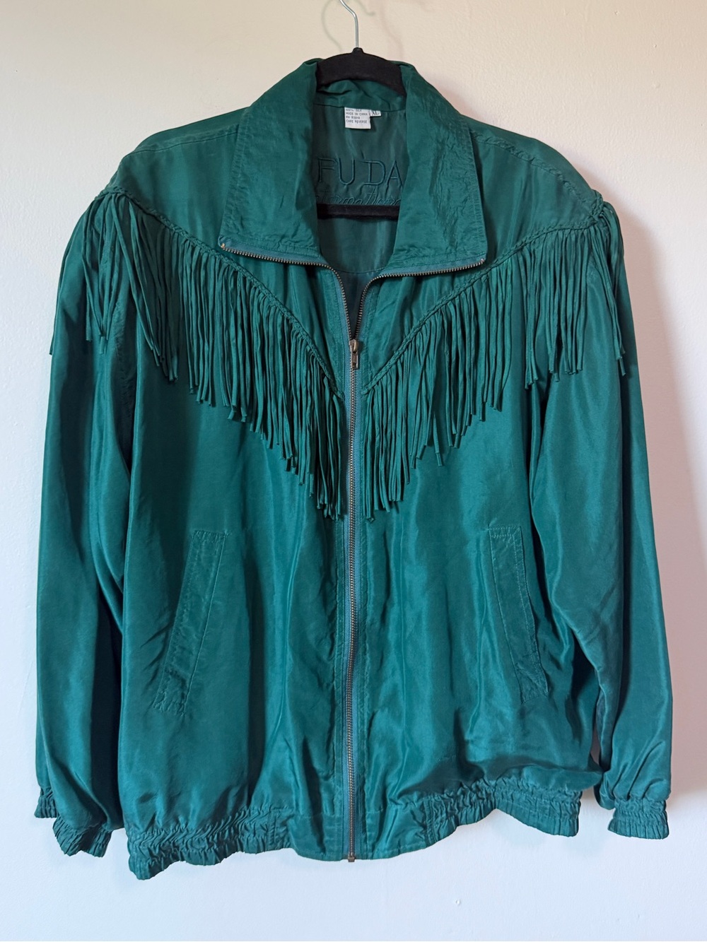 Fuda international 100% pure silk emerald green fringe zip up jacket size XL